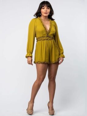 Ruffled V-Neck Long Sleeve Romper Dress in Mustard Green